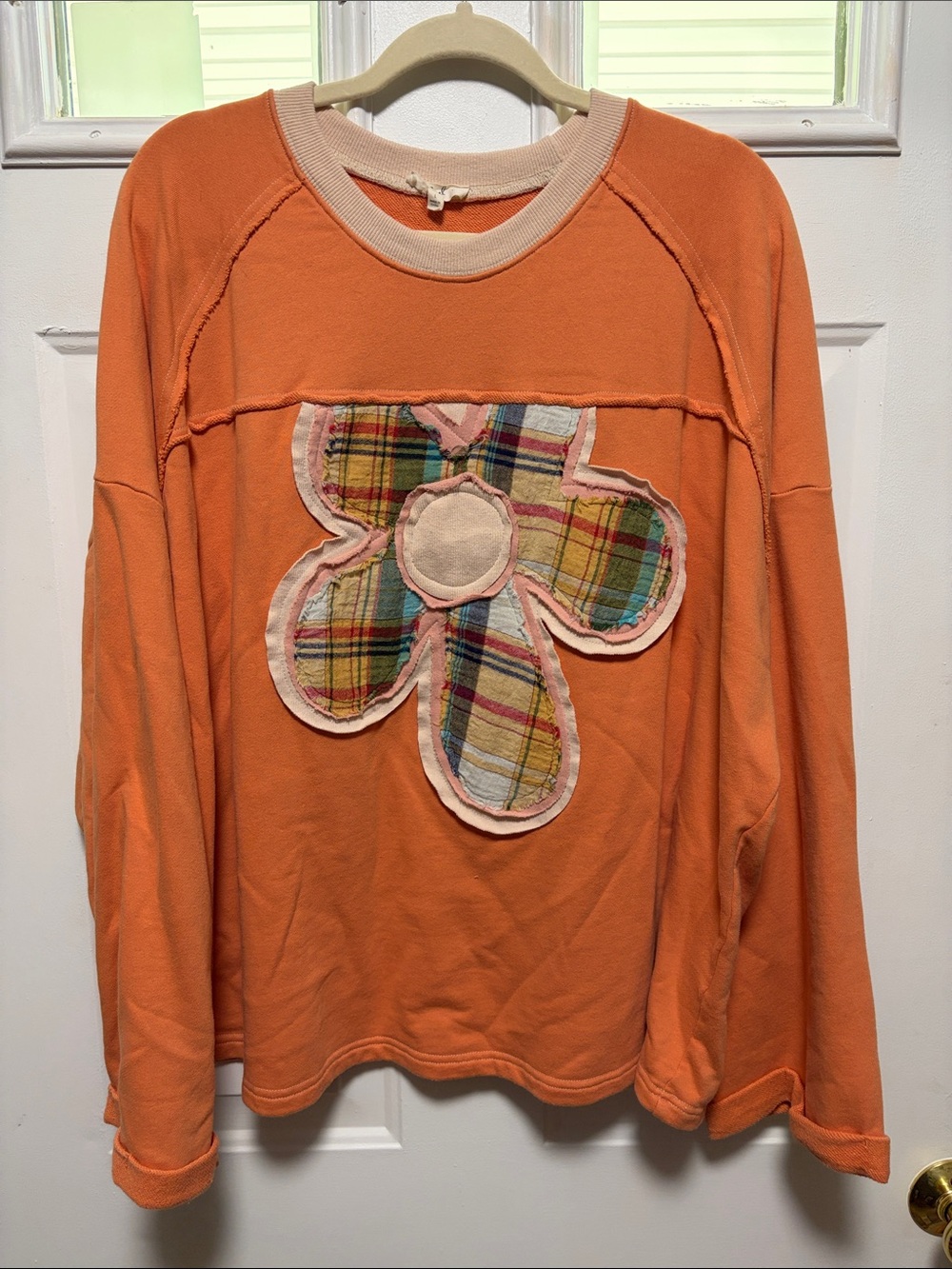 easel Orange Plaid Flower Appliqué Sweatshirt